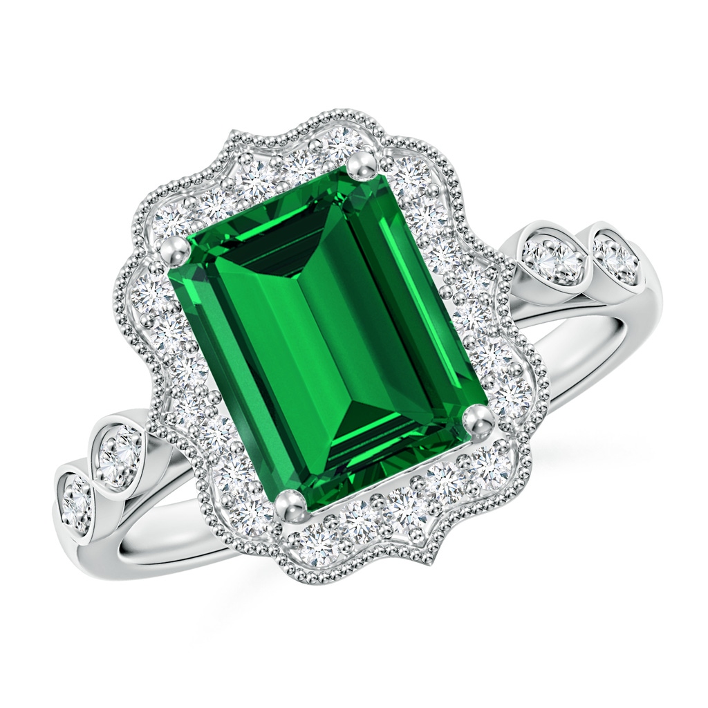 9x7mm Labgrown Lab-Grown Vintage Inspired Emerald-Cut Emerald Ornate Halo Engagement Ring in White Gold