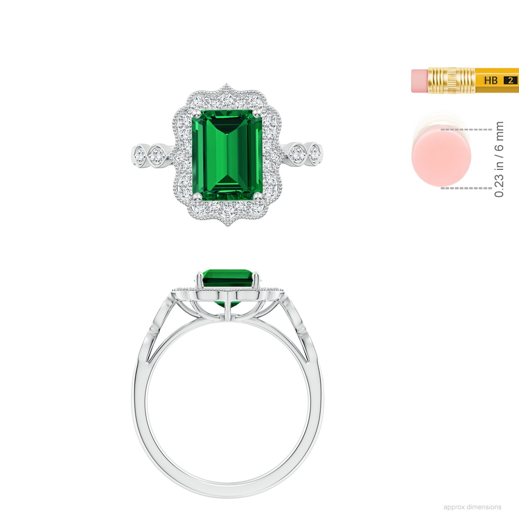 9x7mm Labgrown Lab-Grown Vintage Inspired Emerald-Cut Emerald Ornate Halo Engagement Ring in White Gold ruler