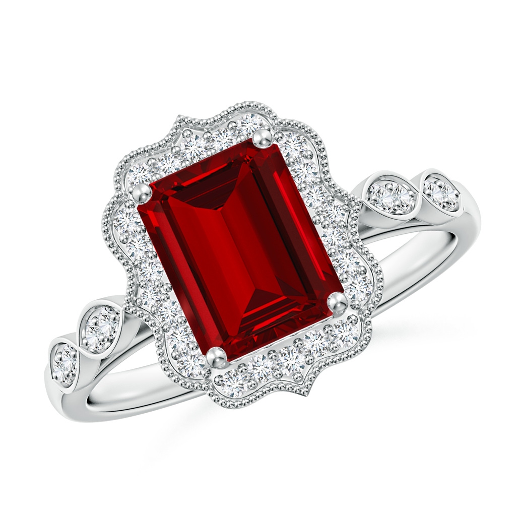 8x6mm Labgrown Lab-Grown Vintage Inspired Emerald-Cut Ruby Ornate Halo Engagement Ring in White Gold