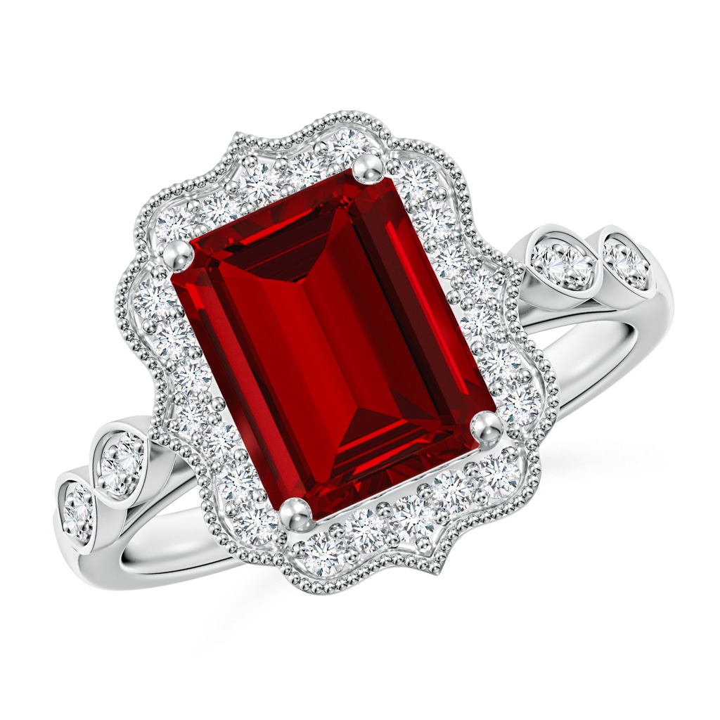 9x7mm Labgrown Lab-Grown Vintage Inspired Emerald-Cut Ruby Ornate Halo Engagement Ring in White Gold 