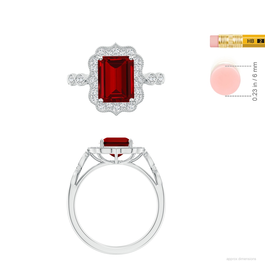 9x7mm Labgrown Lab-Grown Vintage Inspired Emerald-Cut Ruby Ornate Halo Engagement Ring in White Gold ruler