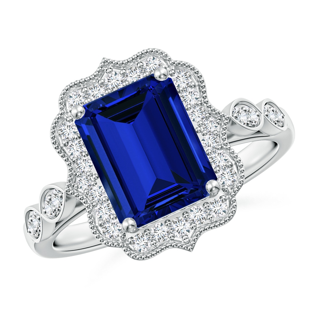 9x7mm Labgrown Lab-Grown Vintage Inspired Emerald-Cut Blue Sapphire Ornate Halo Engagement Ring in White Gold 