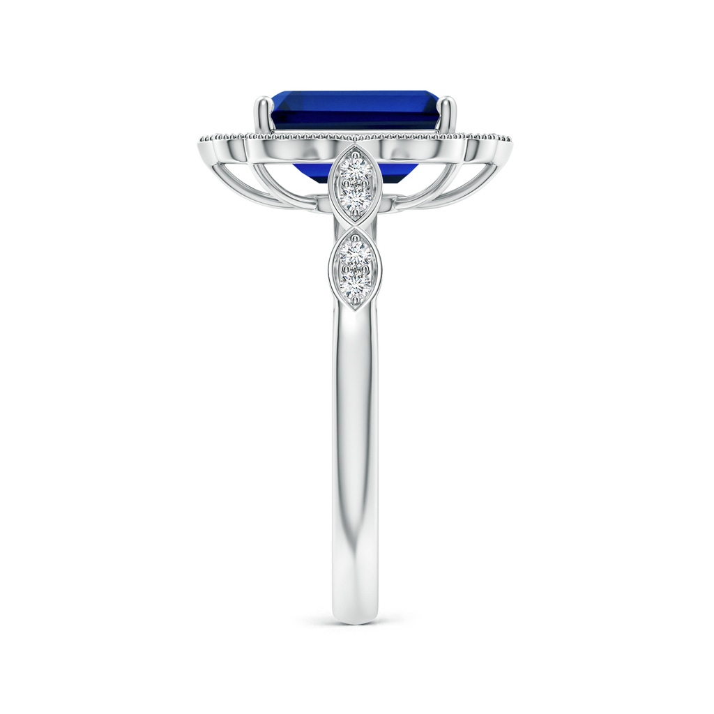 9x7mm Labgrown Lab-Grown Vintage Inspired Emerald-Cut Blue Sapphire Ornate Halo Engagement Ring in White Gold Side 299