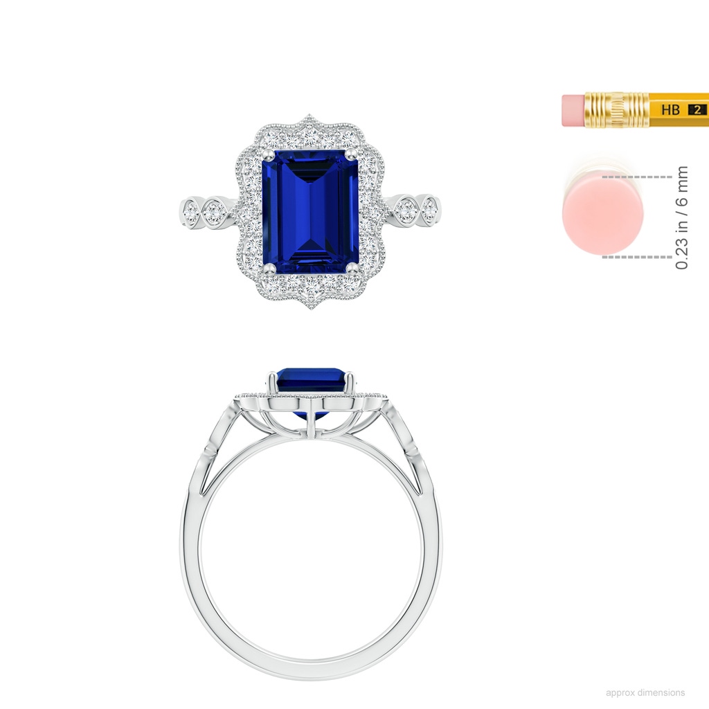 9x7mm Labgrown Lab-Grown Vintage Inspired Emerald-Cut Blue Sapphire Ornate Halo Engagement Ring in White Gold ruler