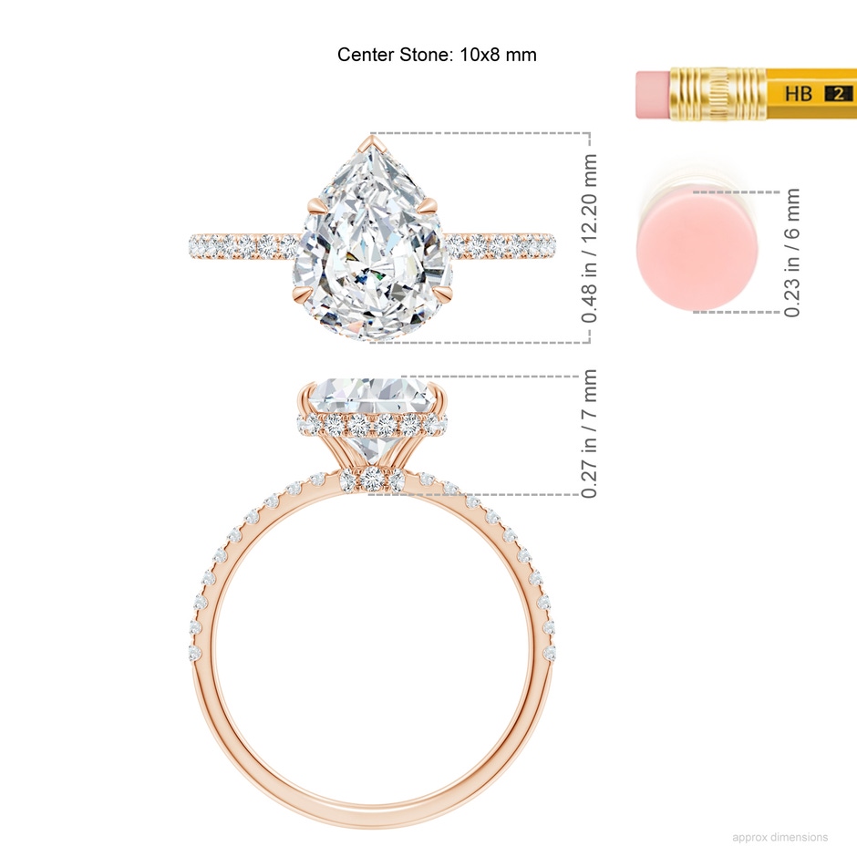 10x8mm FGVS Lab-Grown Pear Diamond Hidden Halo Classic Engagement Ring in Rose Gold ruler