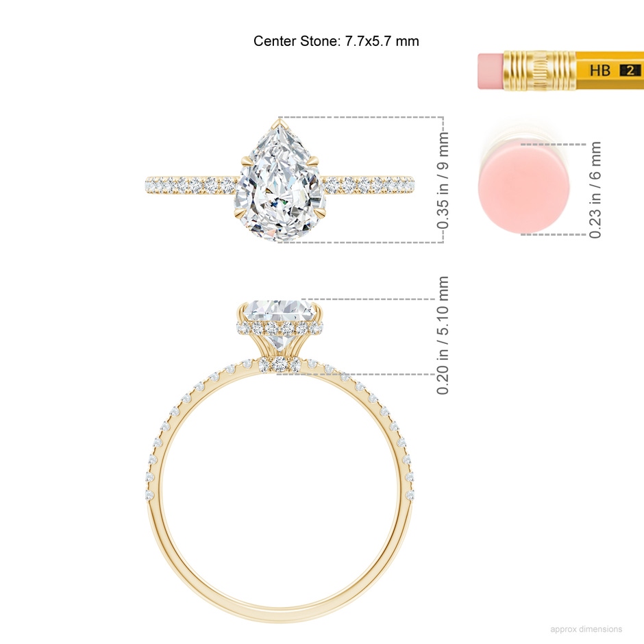 7.7x5.7mm FGVS Lab-Grown Pear Diamond Hidden Halo Classic Engagement Ring in Yellow Gold ruler