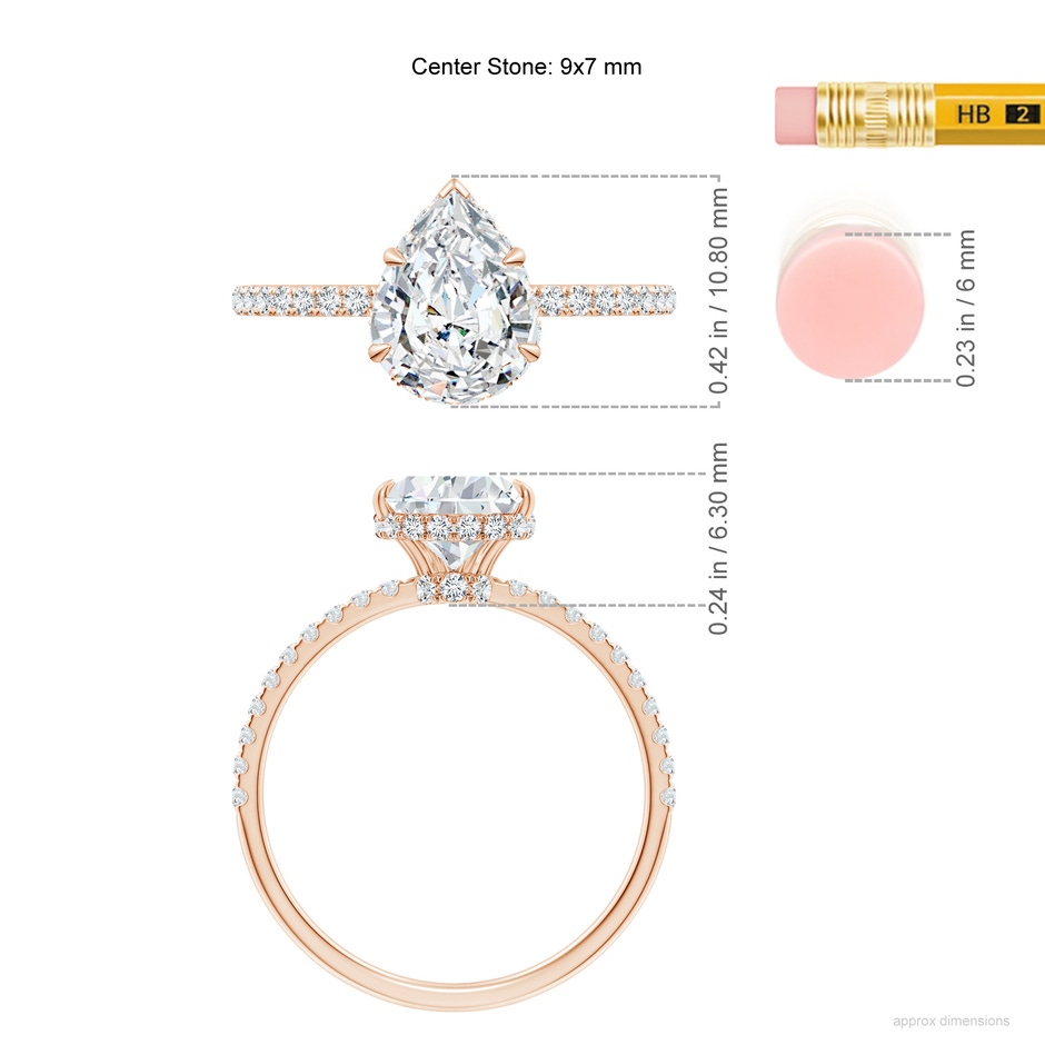 9x7mm FGVS Lab-Grown Pear Diamond Hidden Halo Classic Engagement Ring in 18K Rose Gold ruler