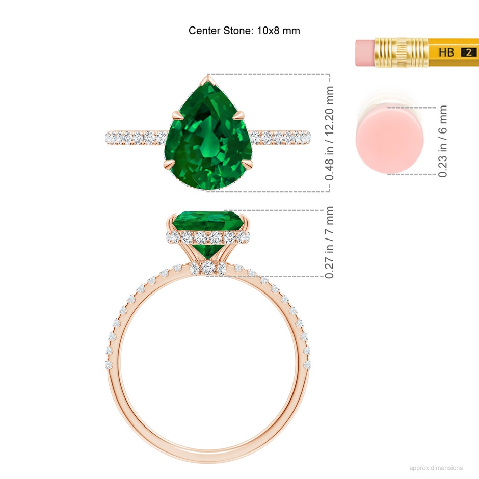 10x8mm Labgrown Lab-Grown Pear Emerald Hidden Halo Classic Engagement Ring in Rose Gold ruler