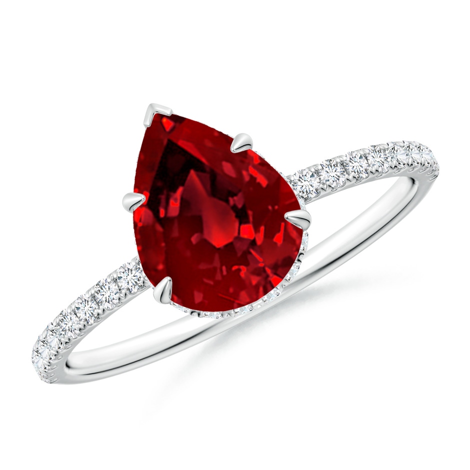 9x7mm Labgrown Lab-Grown Pear Ruby Hidden Halo Classic Engagement Ring in White Gold 