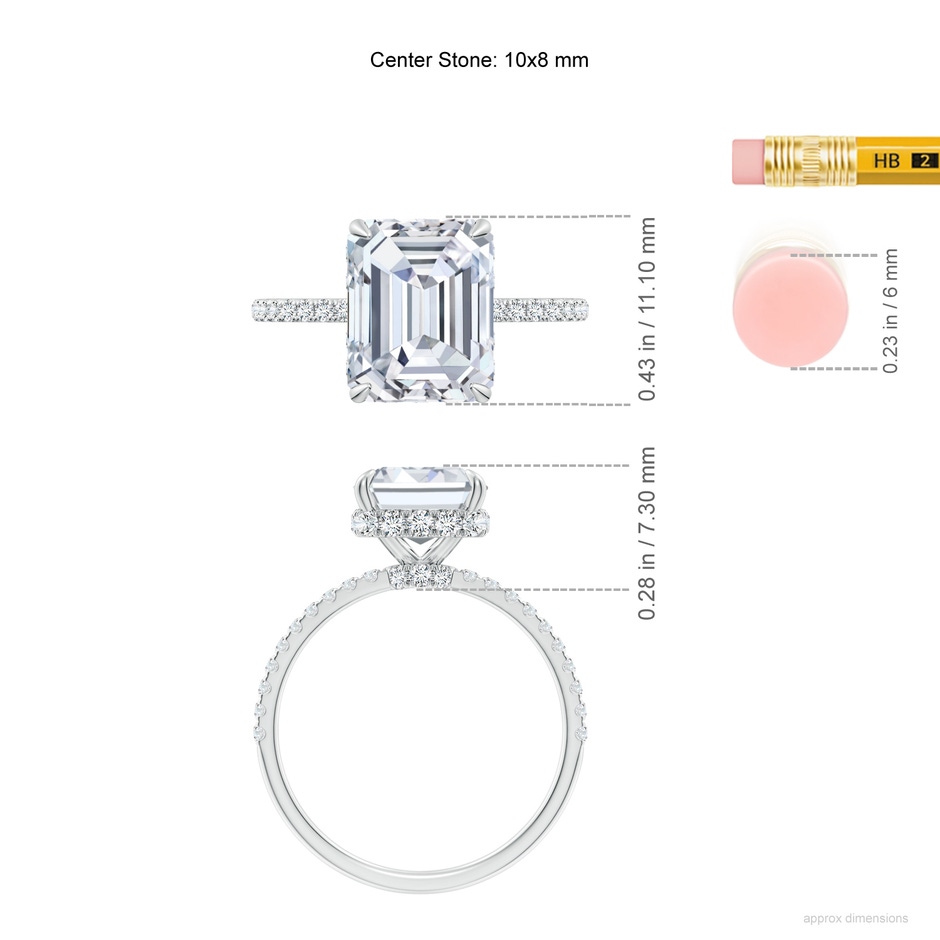 10x7.5mm FGVS Lab-Grown Emerald-Cut Diamond Hidden Halo Classic Engagement Ring in White Gold ruler