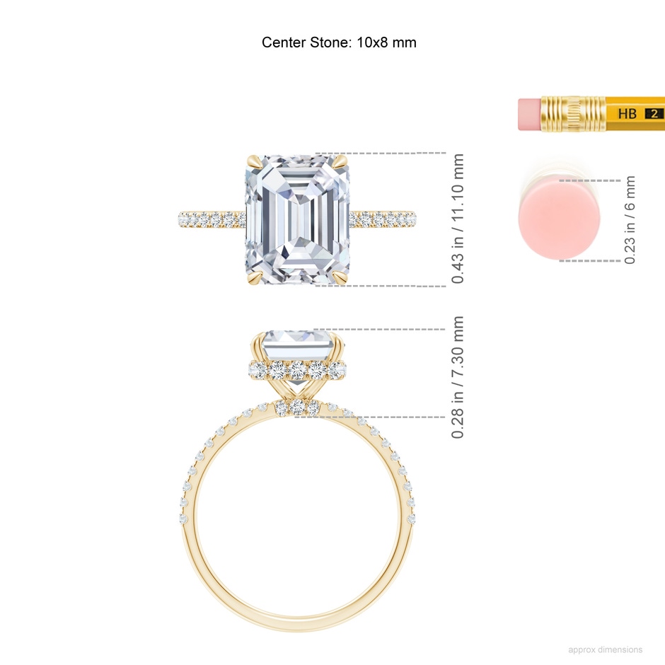 10x7.5mm FGVS Lab-Grown Emerald-Cut Diamond Hidden Halo Classic Engagement Ring in Yellow Gold ruler