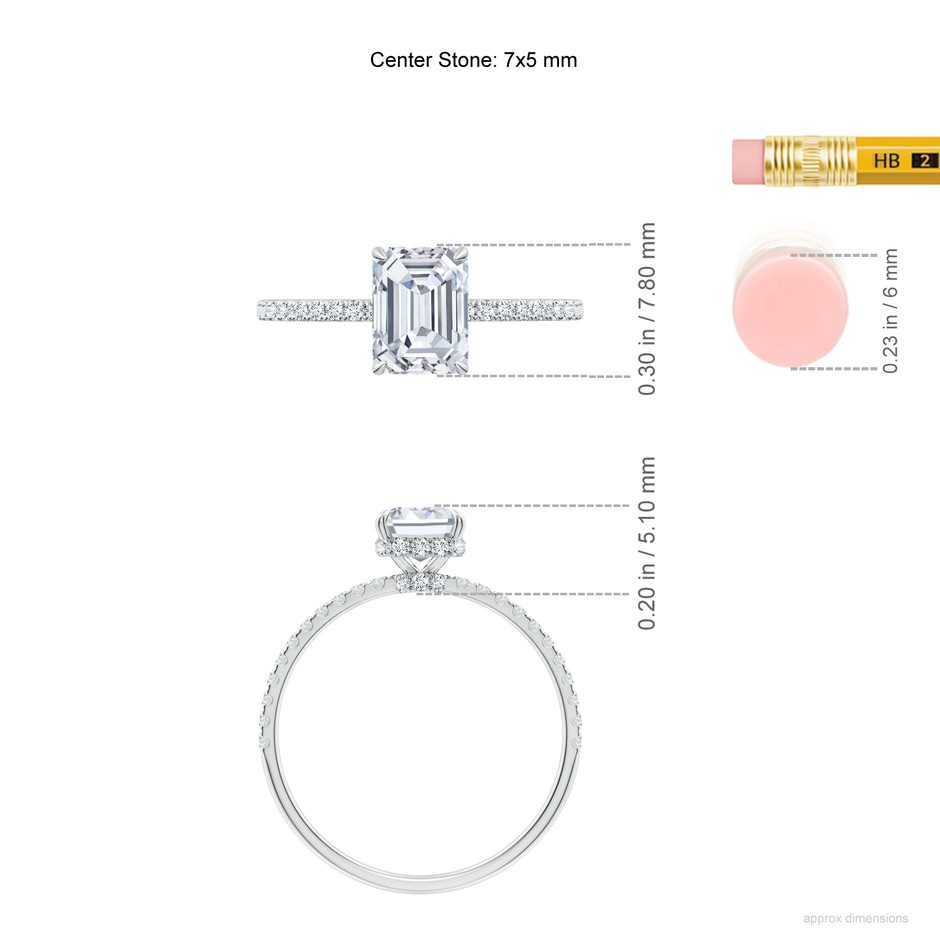 7x5mm FGVS Lab-Grown Emerald-Cut Diamond Hidden Halo Classic Engagement Ring in White Gold ruler