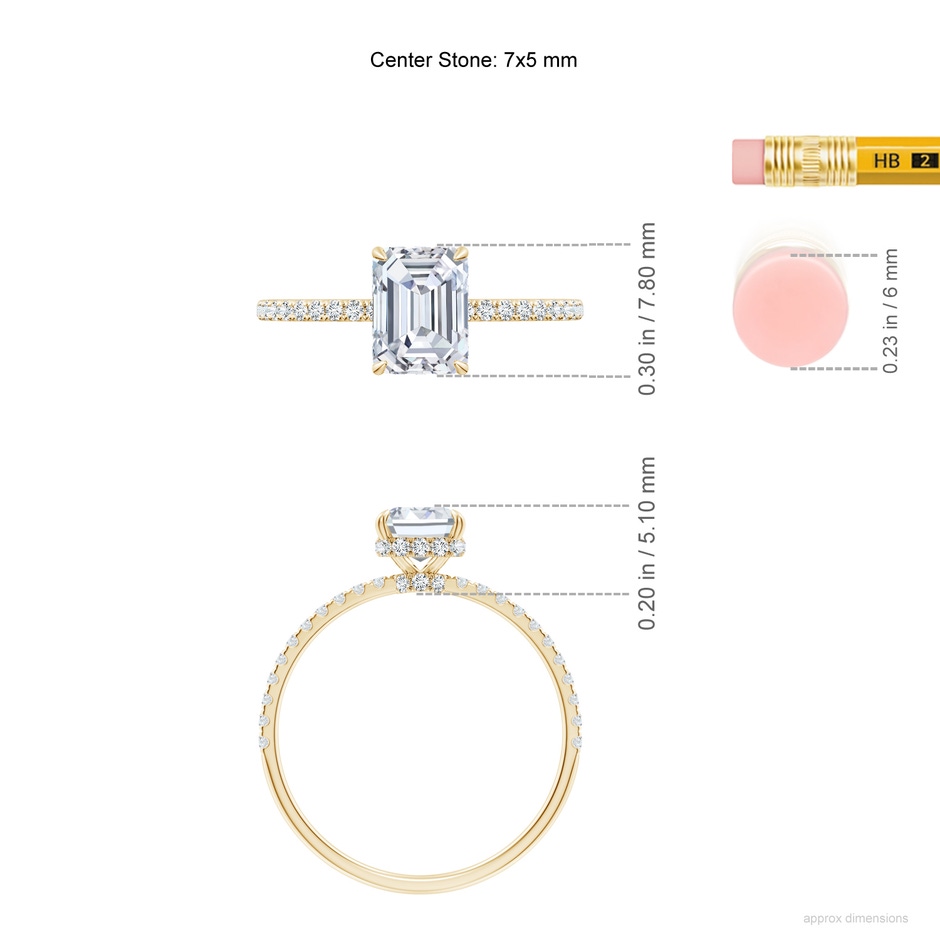 7x5mm FGVS Lab-Grown Emerald-Cut Diamond Hidden Halo Classic Engagement Ring in Yellow Gold ruler