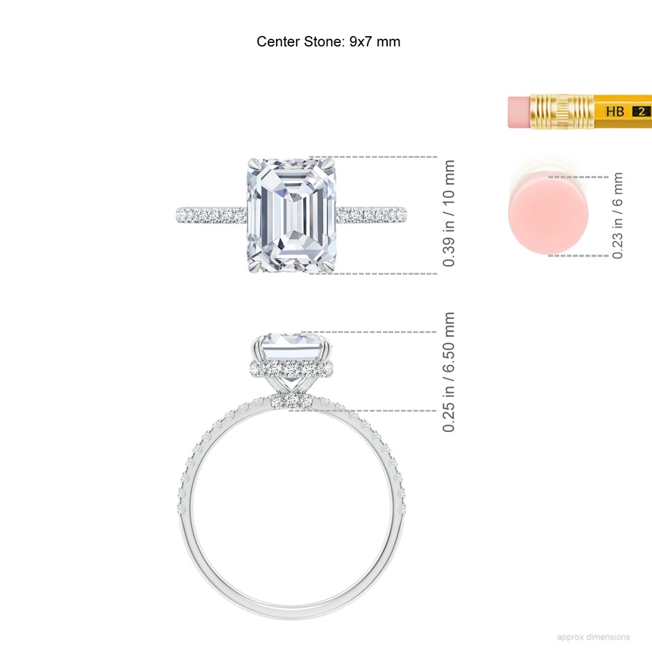 8.5x6.5mm FGVS Lab-Grown Emerald-Cut Diamond Hidden Halo Classic Engagement Ring in White Gold ruler