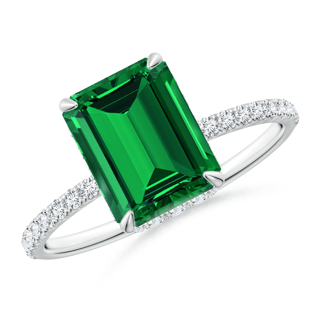 9x7mm Labgrown Lab-Grown Emerald-Cut Emerald Hidden Halo Classic Engagement Ring in White Gold