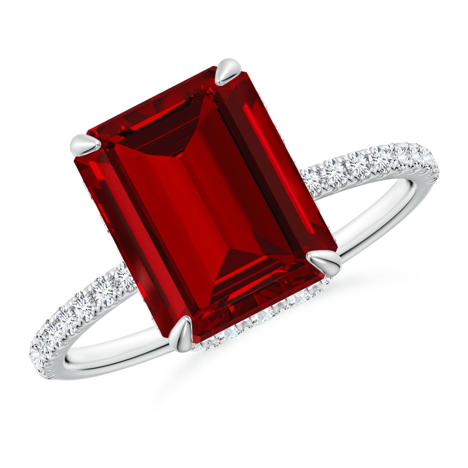 10x8mm Labgrown Lab-Grown Emerald-Cut Ruby Hidden Halo Classic Engagement Ring in White Gold 