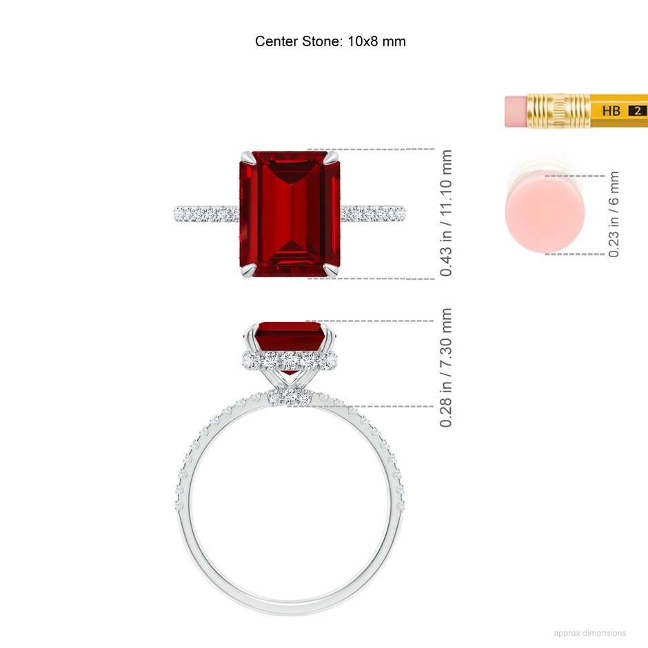10x8mm Labgrown Lab-Grown Emerald-Cut Ruby Hidden Halo Classic Engagement Ring in White Gold ruler