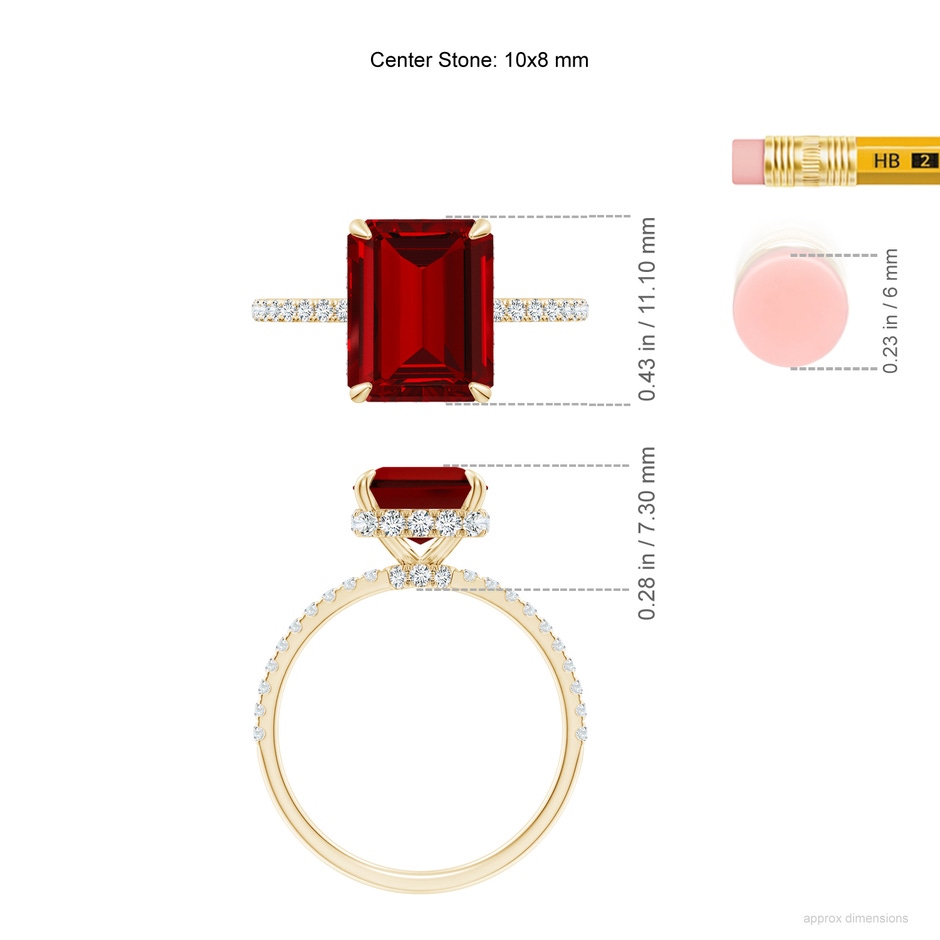 10x8mm Labgrown Lab-Grown Emerald-Cut Ruby Hidden Halo Classic Engagement Ring in Yellow Gold ruler