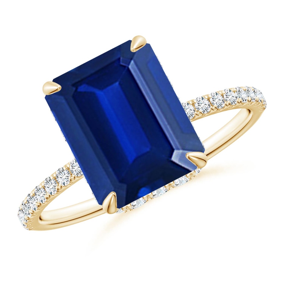 10x8mm Labgrown Lab-Grown Emerald-Cut Blue Sapphire Hidden Halo Classic Engagement Ring in 18K Yellow Gold 