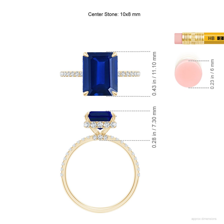 10x8mm Labgrown Lab-Grown Emerald-Cut Blue Sapphire Hidden Halo Classic Engagement Ring in 18K Yellow Gold ruler