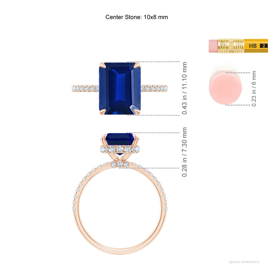 10x8mm Labgrown Lab-Grown Emerald-Cut Blue Sapphire Hidden Halo Classic Engagement Ring in Rose Gold ruler