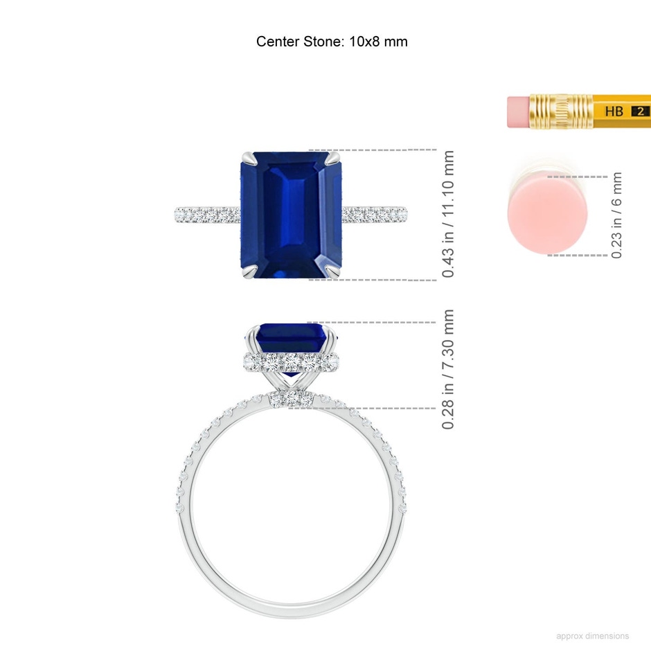 10x8mm Labgrown Lab-Grown Emerald-Cut Blue Sapphire Hidden Halo Classic Engagement Ring in White Gold ruler