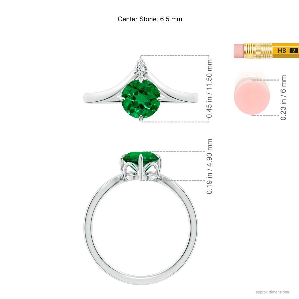 6.5mm Labgrown Lab-Grown Prong-Set Round Emerald Chevron Engagement Ring in White Gold ruler