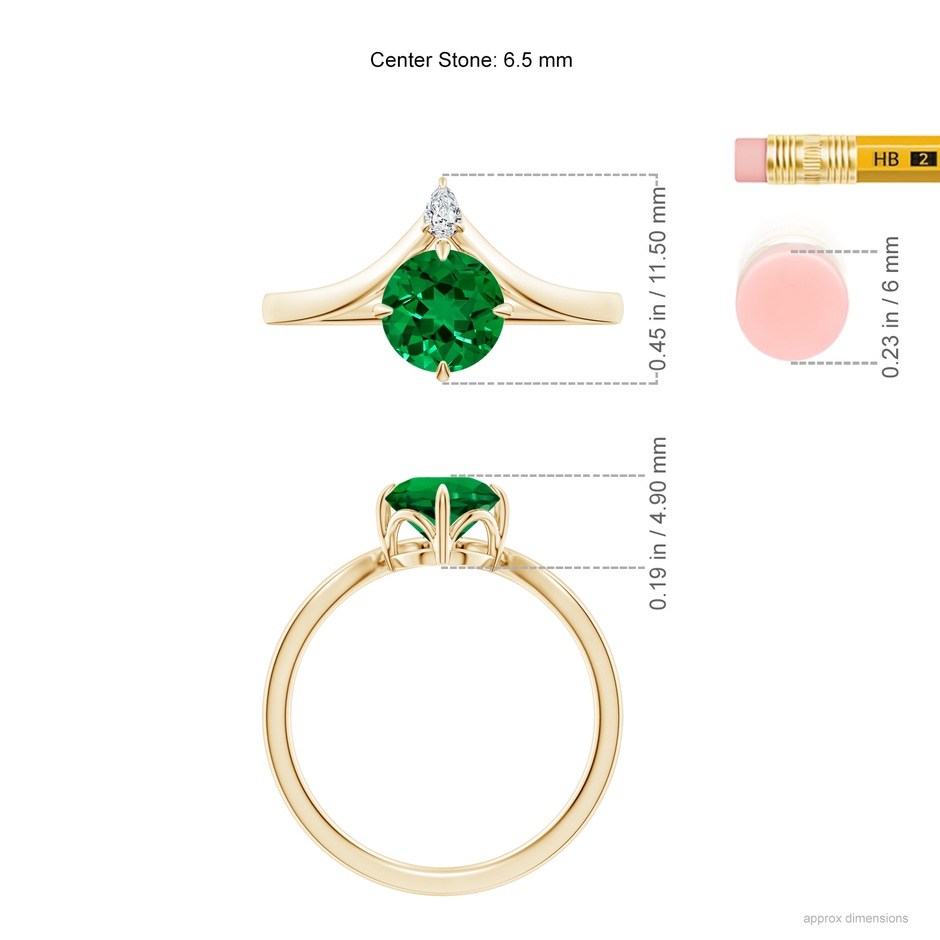 6.5mm Labgrown Lab-Grown Prong-Set Round Emerald Chevron Engagement Ring in Yellow Gold ruler