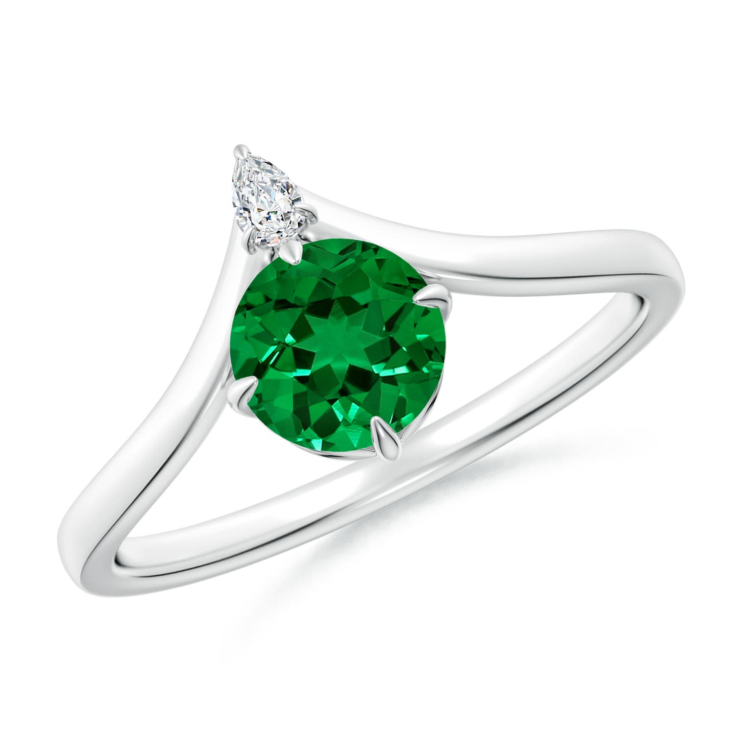 6mm Labgrown Lab-Grown Prong-Set Round Emerald Chevron Engagement Ring in White Gold