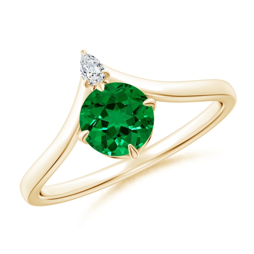 6mm Labgrown Lab-Grown Prong-Set Round Emerald Chevron Engagement Ring in Yellow Gold