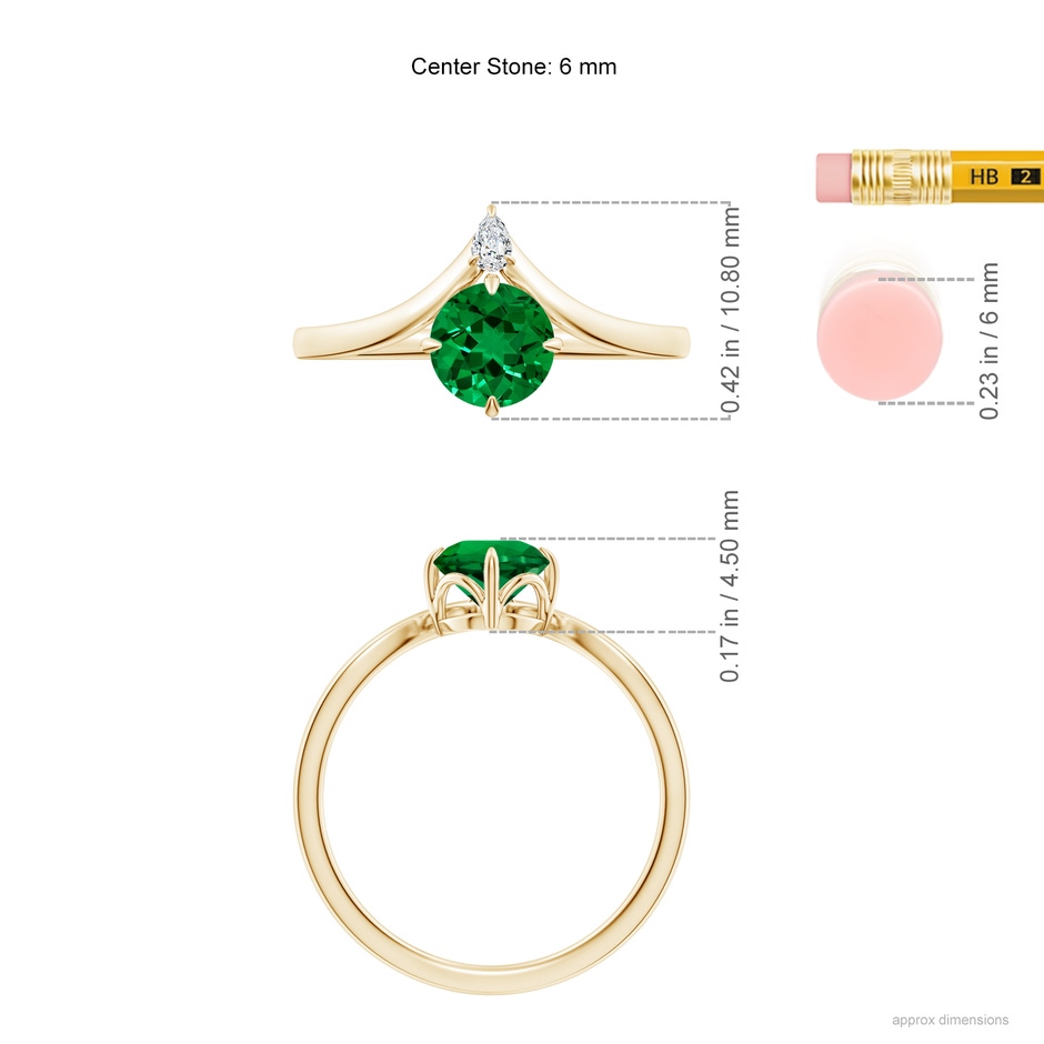 6mm Labgrown Lab-Grown Prong-Set Round Emerald Chevron Engagement Ring in Yellow Gold ruler