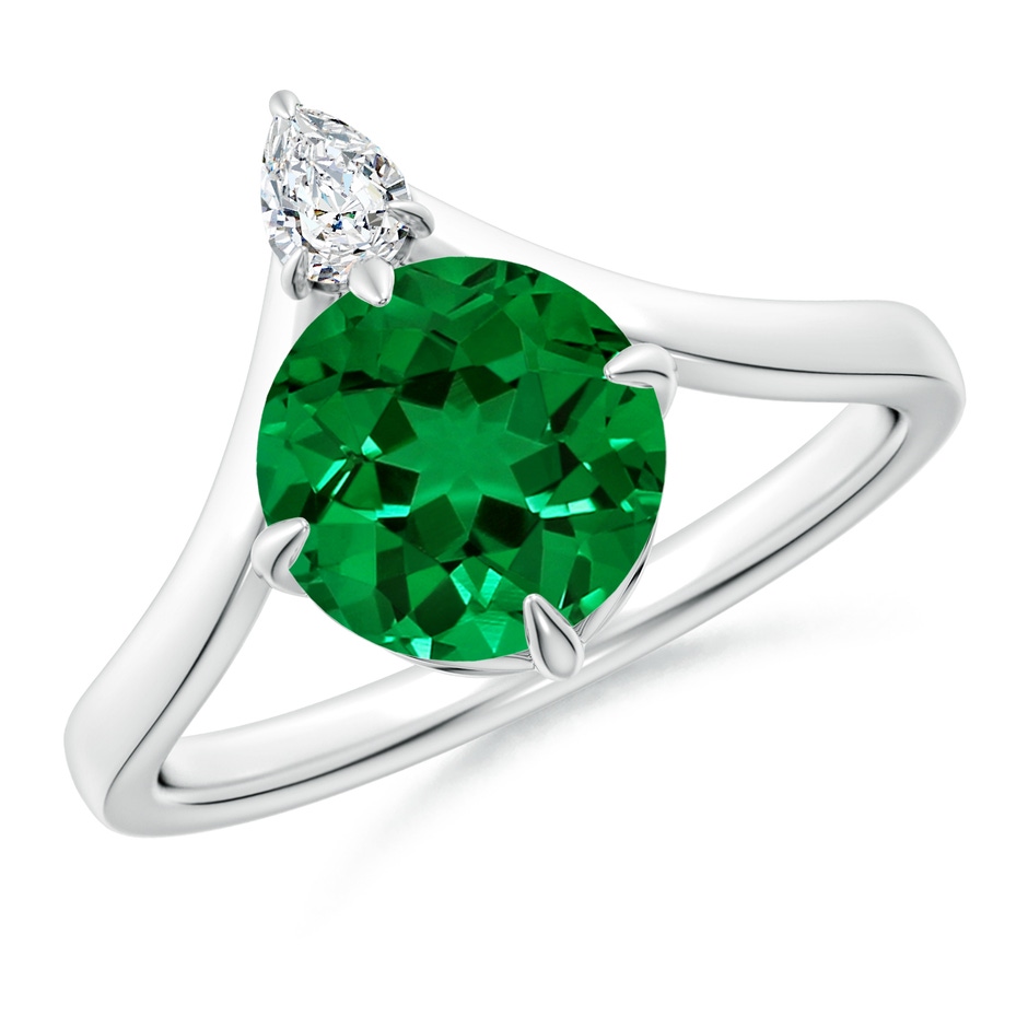 8mm Labgrown Lab-Grown Prong-Set Round Emerald Chevron Engagement Ring in 18K White Gold 