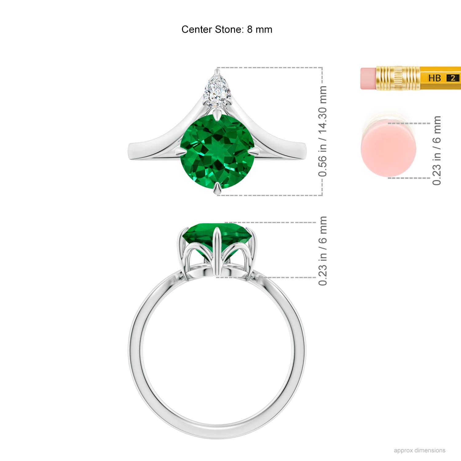 8mm Labgrown Lab-Grown Prong-Set Round Emerald Chevron Engagement Ring in 18CT White Gold - ruler
