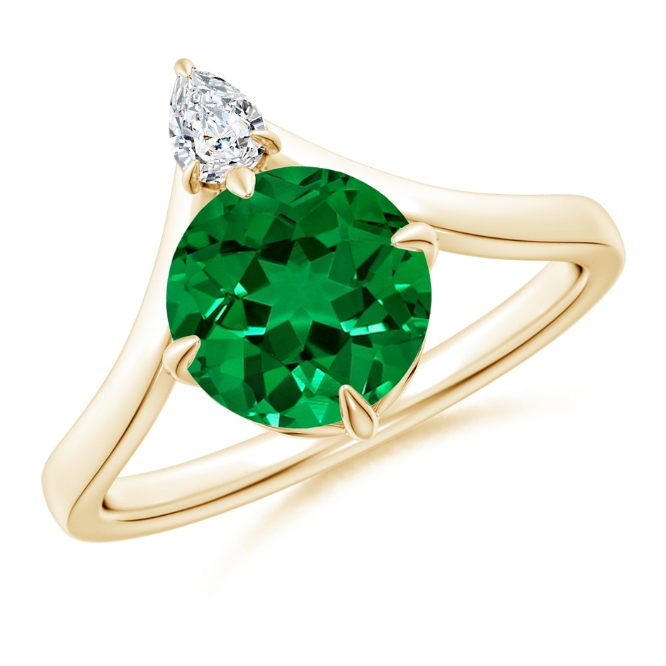 8mm Labgrown Lab-Grown Prong-Set Round Emerald Chevron Engagement Ring in Yellow Gold 