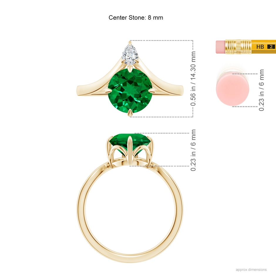 8mm Labgrown Lab-Grown Prong-Set Round Emerald Chevron Engagement Ring in Yellow Gold ruler