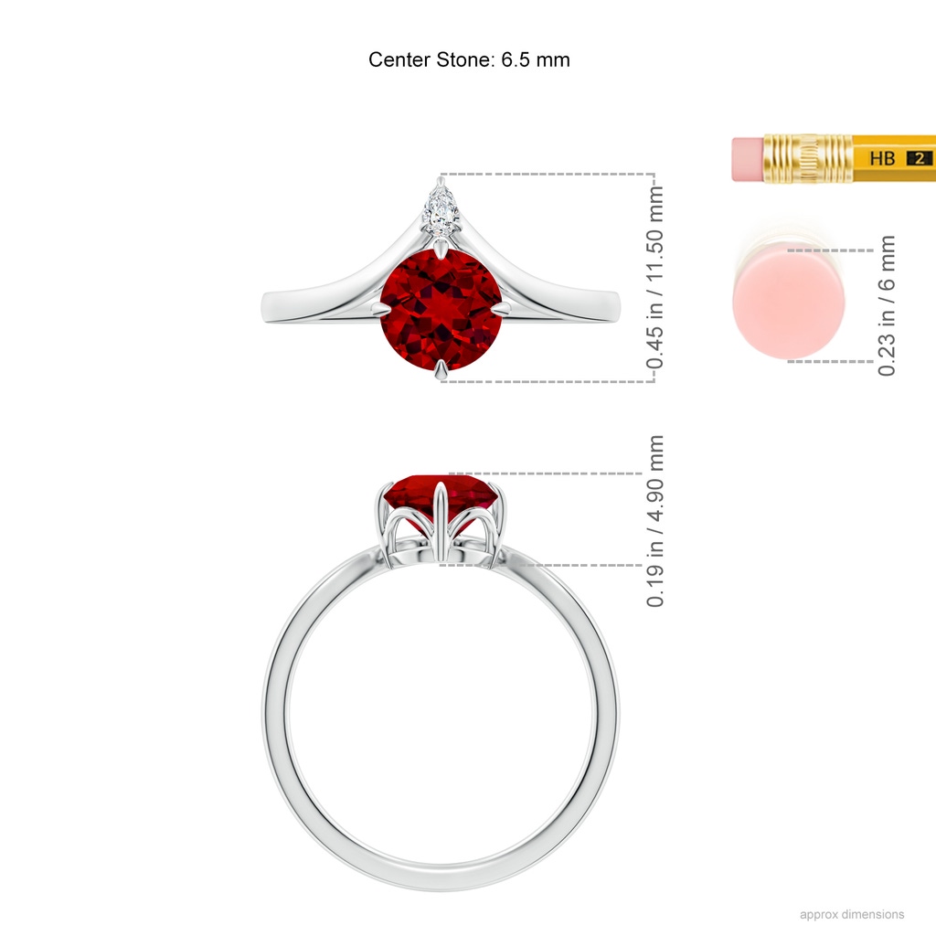 6.5mm Labgrown Lab-Grown Prong-Set Round Ruby Chevron Engagement Ring in White Gold ruler