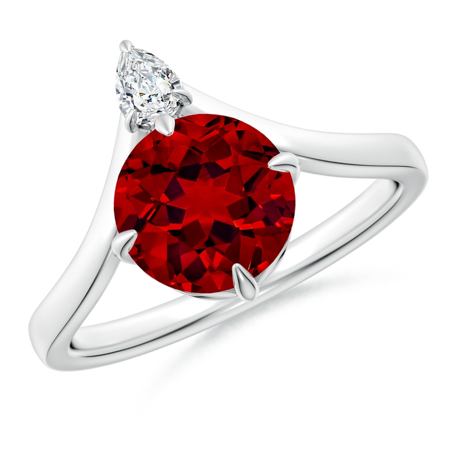 8mm Labgrown Lab-Grown Prong-Set Round Ruby Chevron Engagement Ring in 18K White Gold 