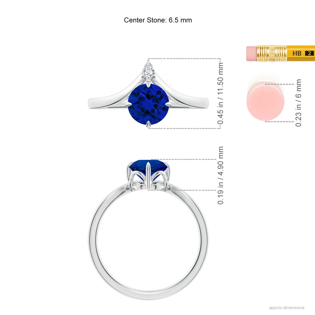 6.5mm Labgrown Lab-Grown Prong-Set Round Blue Sapphire Chevron Engagement Ring in White Gold ruler