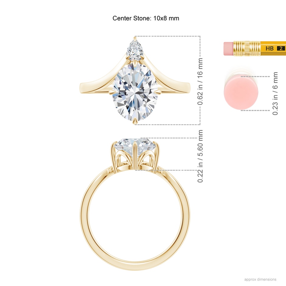 10x8mm FGVS Lab-Grown Prong-Set Oval Diamond Chevron Engagement Ring in 18K Yellow Gold ruler