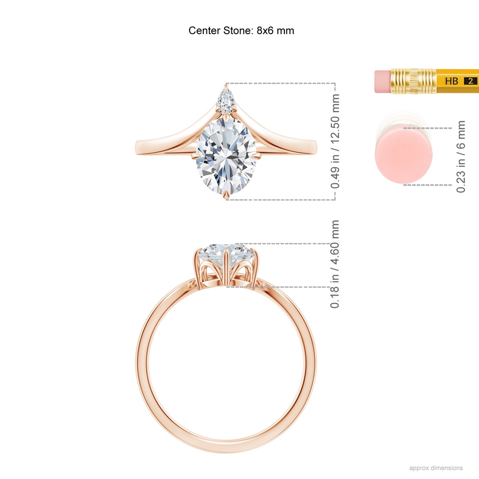 8x6mm FGVS Lab-Grown Prong-Set Oval Diamond Chevron Engagement Ring in 9K Rose Gold ruler
