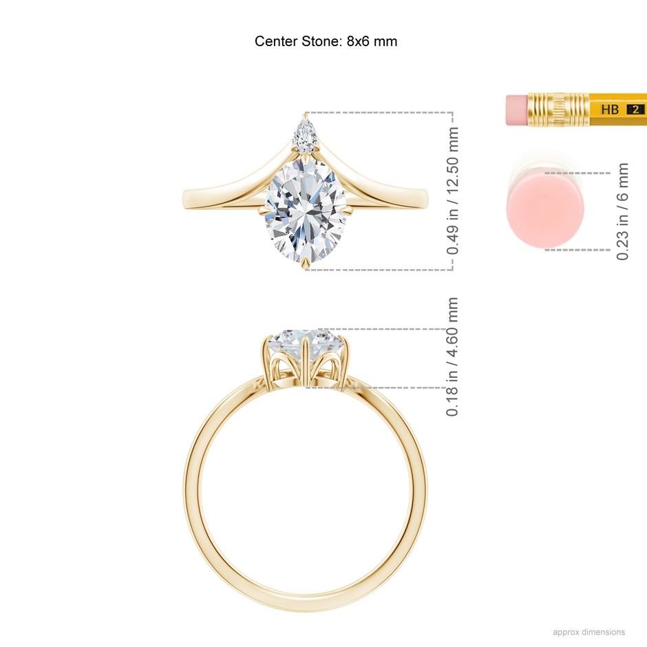 8x6mm FGVS Lab-Grown Prong-Set Oval Diamond Chevron Engagement Ring in Yellow Gold ruler