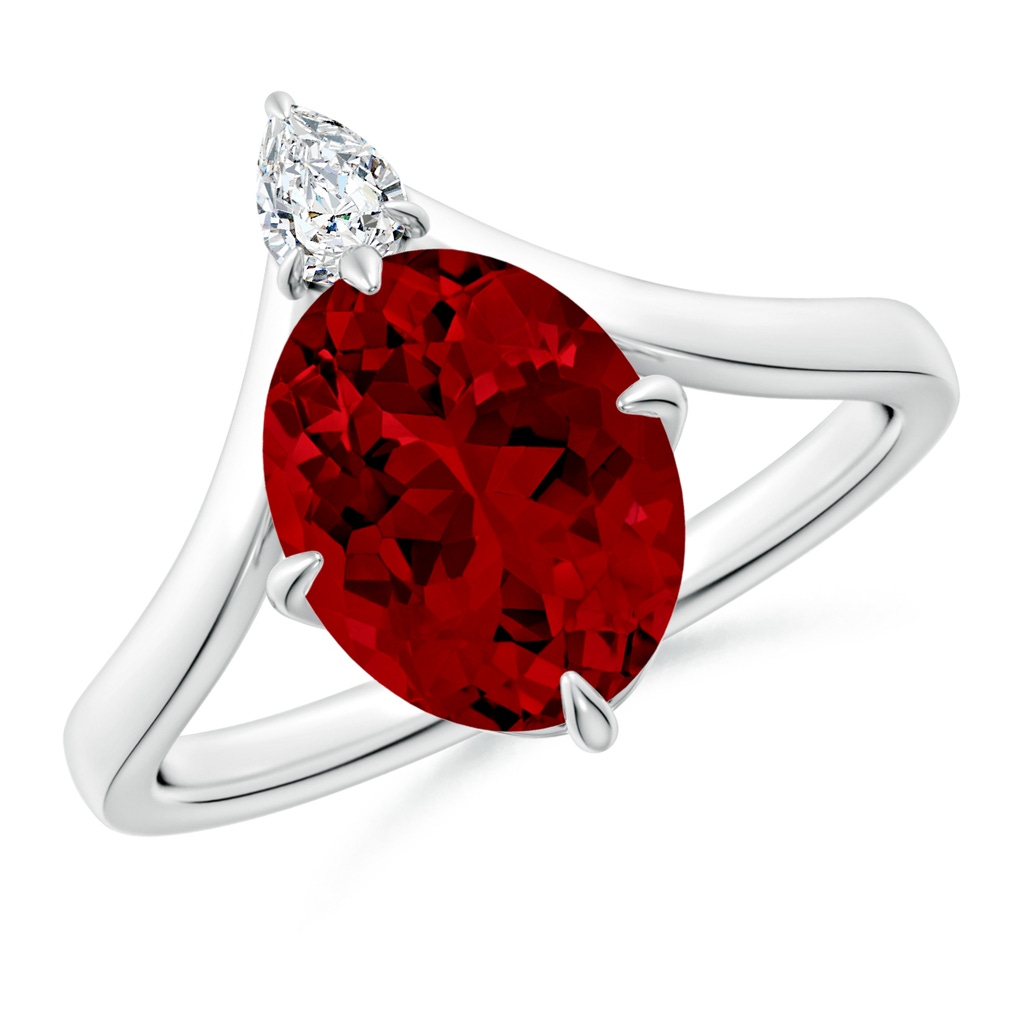 10x8mm Labgrown Lab-Grown Prong-Set Oval Ruby Chevron Engagement Ring in 18K White Gold