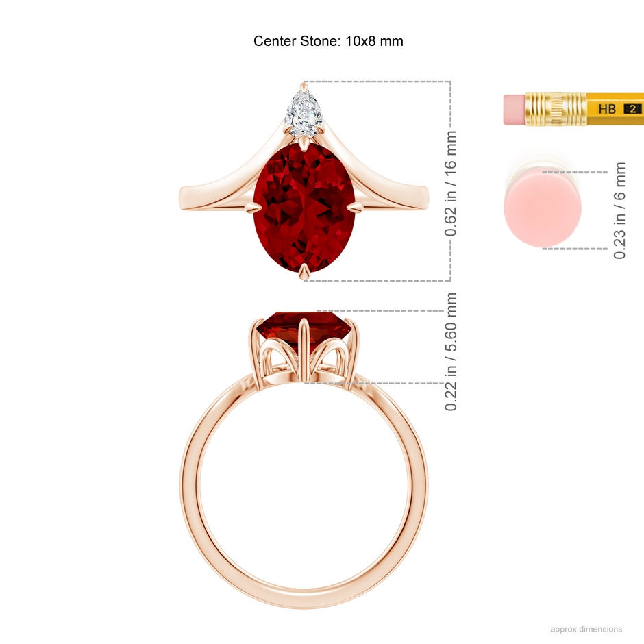 10x8mm Labgrown Lab-Grown Prong-Set Oval Ruby Chevron Engagement Ring in Rose Gold ruler