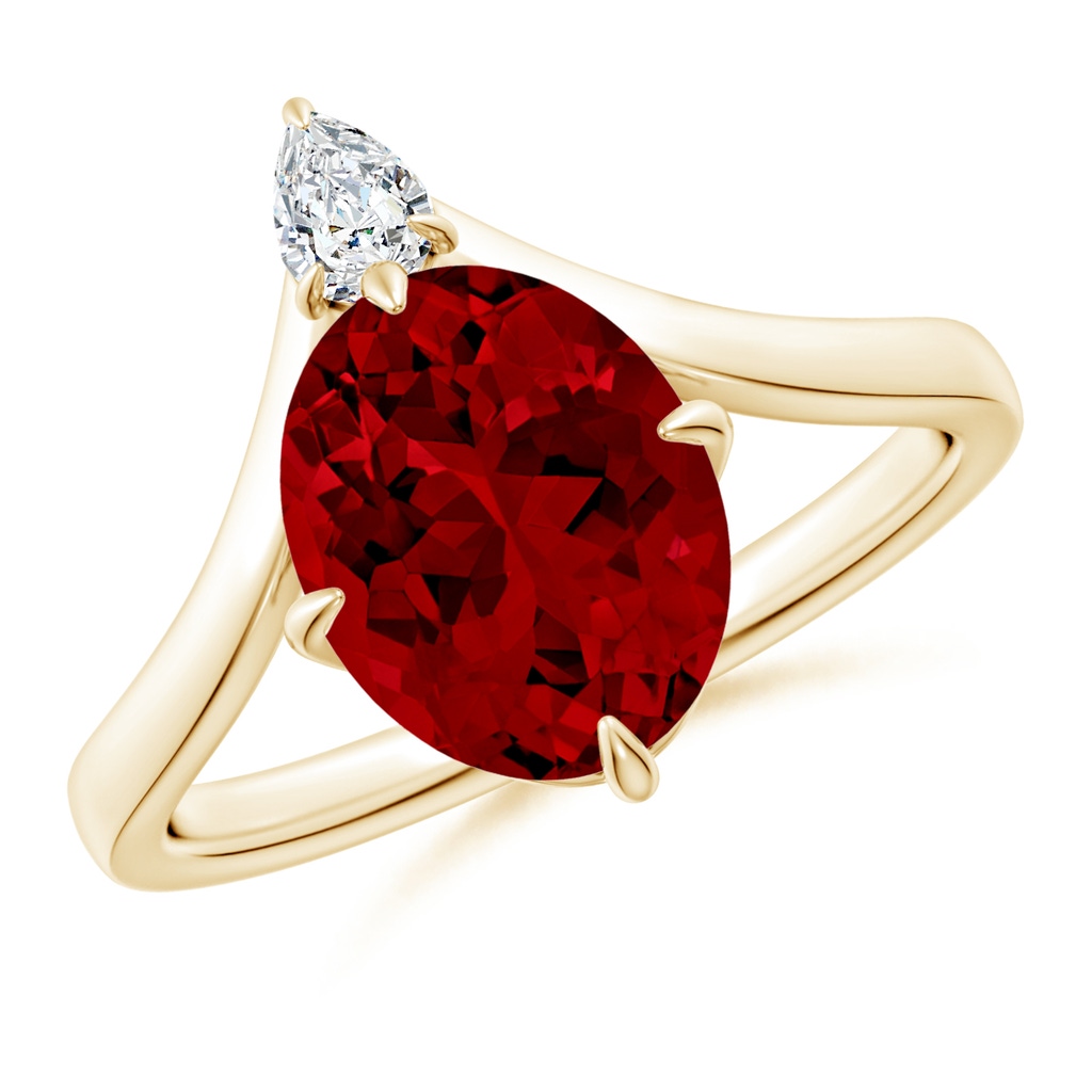 10x8mm Labgrown Lab-Grown Prong-Set Oval Ruby Chevron Engagement Ring in Yellow Gold