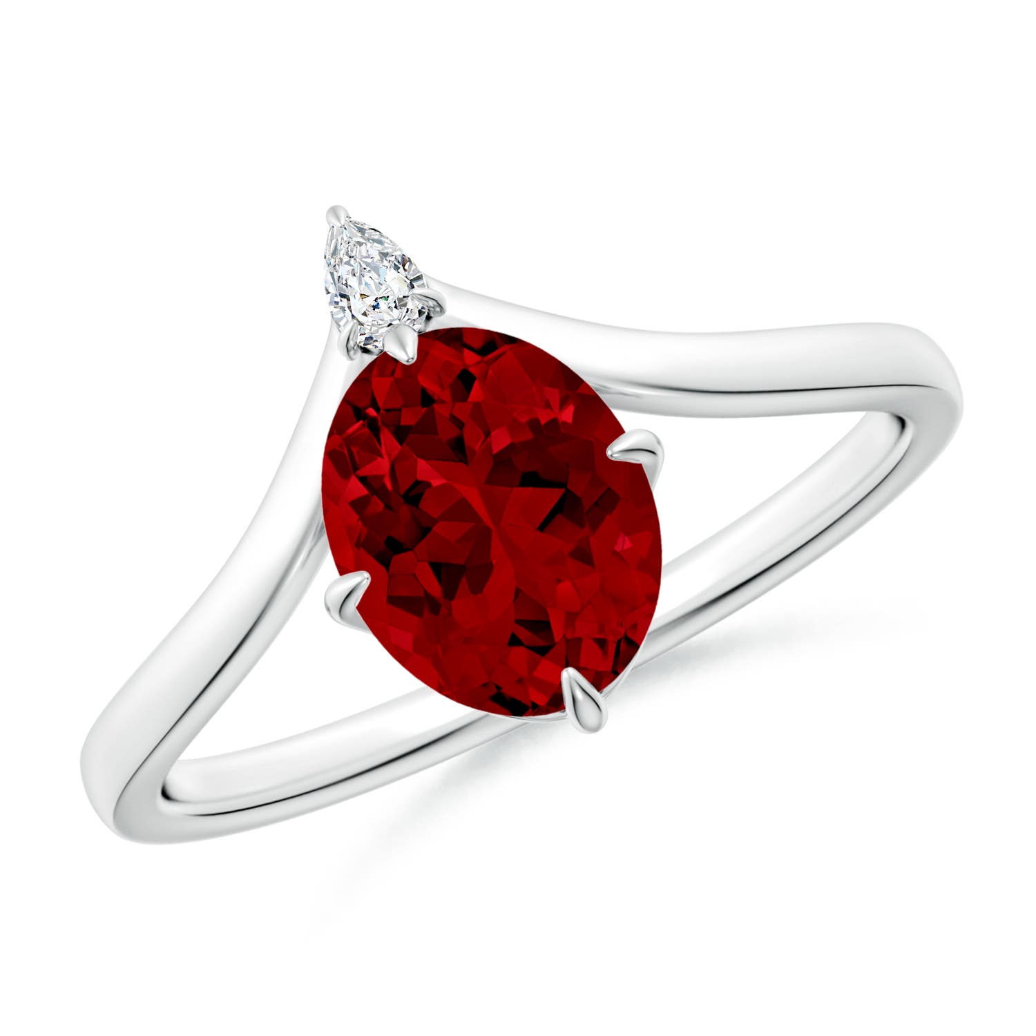 8x6mm Labgrown Lab-Grown Prong-Set Oval Ruby Chevron Engagement Ring in 18K White Gold