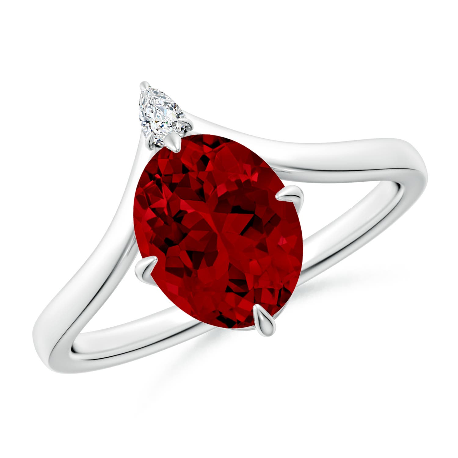9x7mm Labgrown Lab-Grown Prong-Set Oval Ruby Chevron Engagement Ring in 18K White Gold