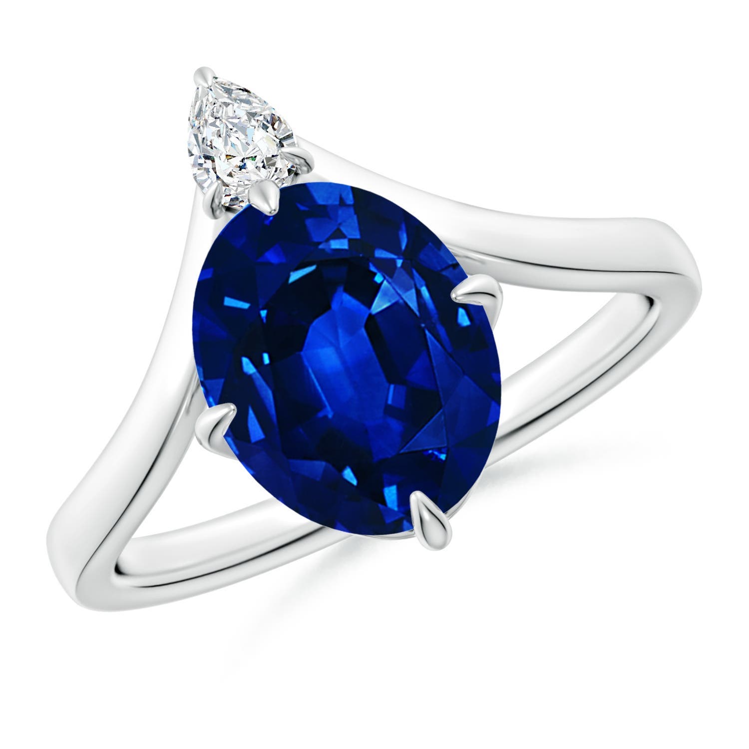 10x8mm Labgrown Lab-Grown Prong-Set Oval Blue Sapphire Chevron Engagement Ring in White Gold