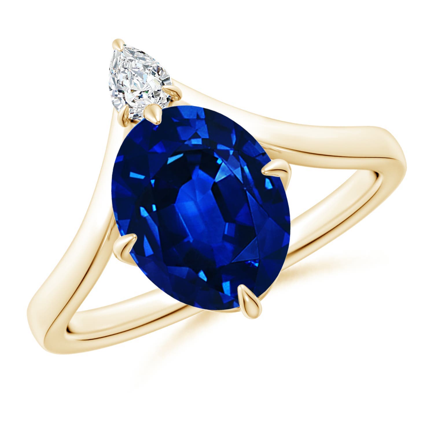 10x8mm Labgrown Lab-Grown Prong-Set Oval Blue Sapphire Chevron Engagement Ring in Yellow Gold