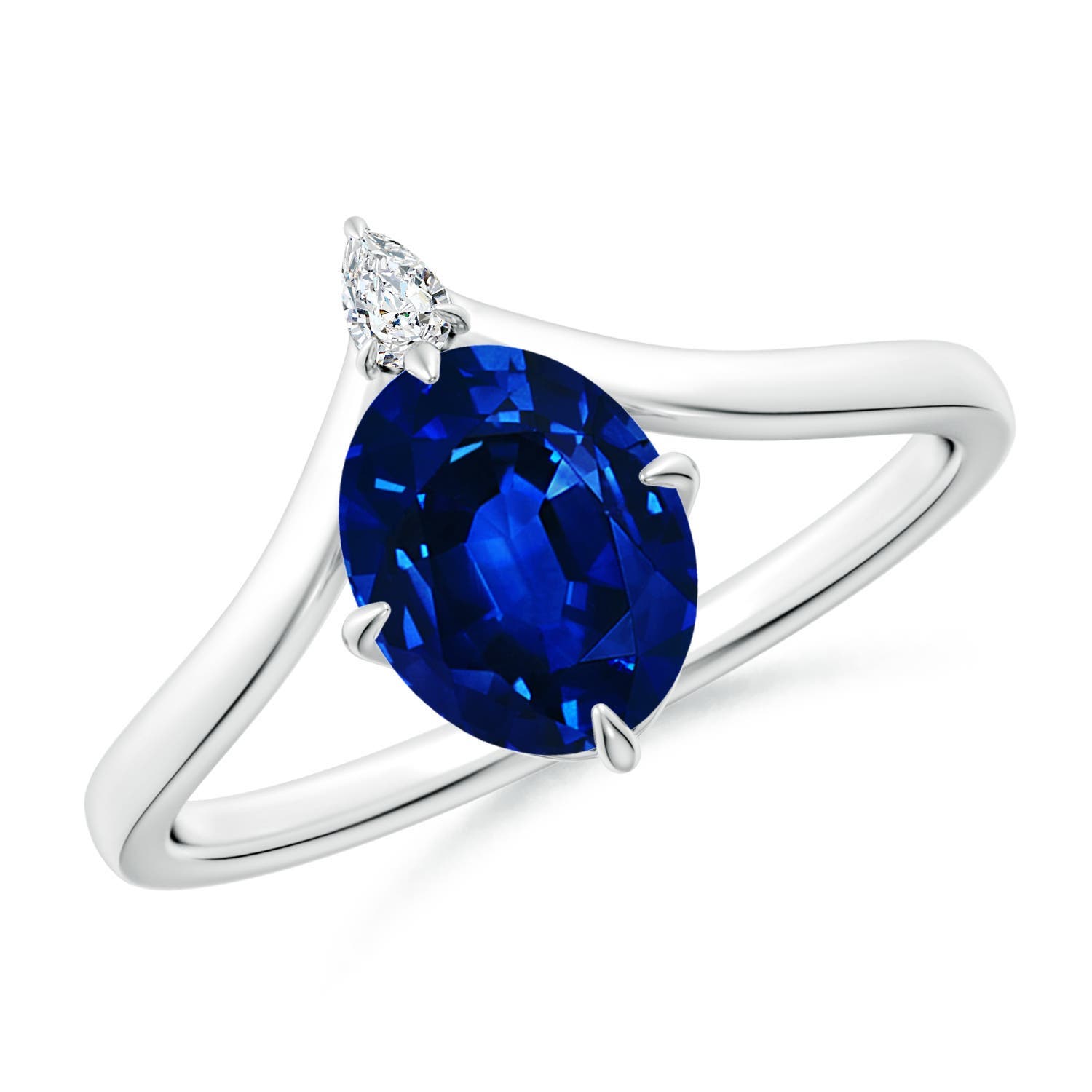 8x6mm Labgrown Lab-Grown Prong-Set Oval Blue Sapphire Chevron Engagement Ring in 18K White Gold