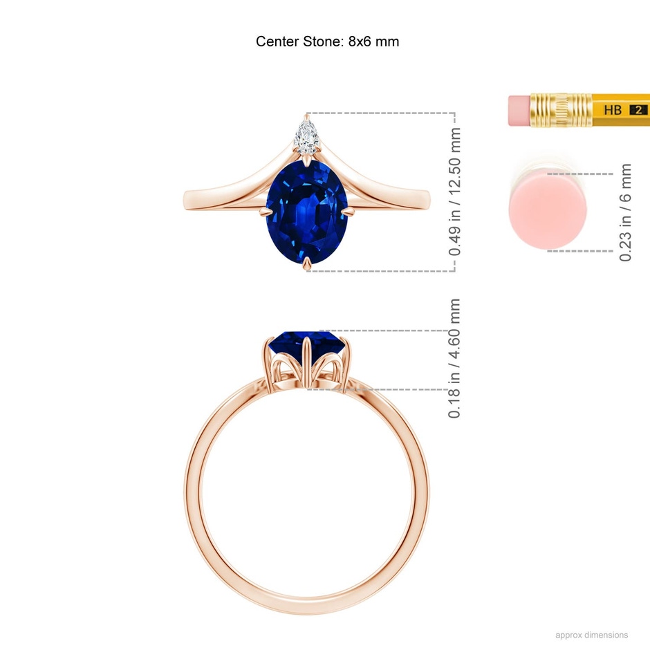 8x6mm Labgrown Lab-Grown Prong-Set Oval Blue Sapphire Chevron Engagement Ring in Rose Gold ruler